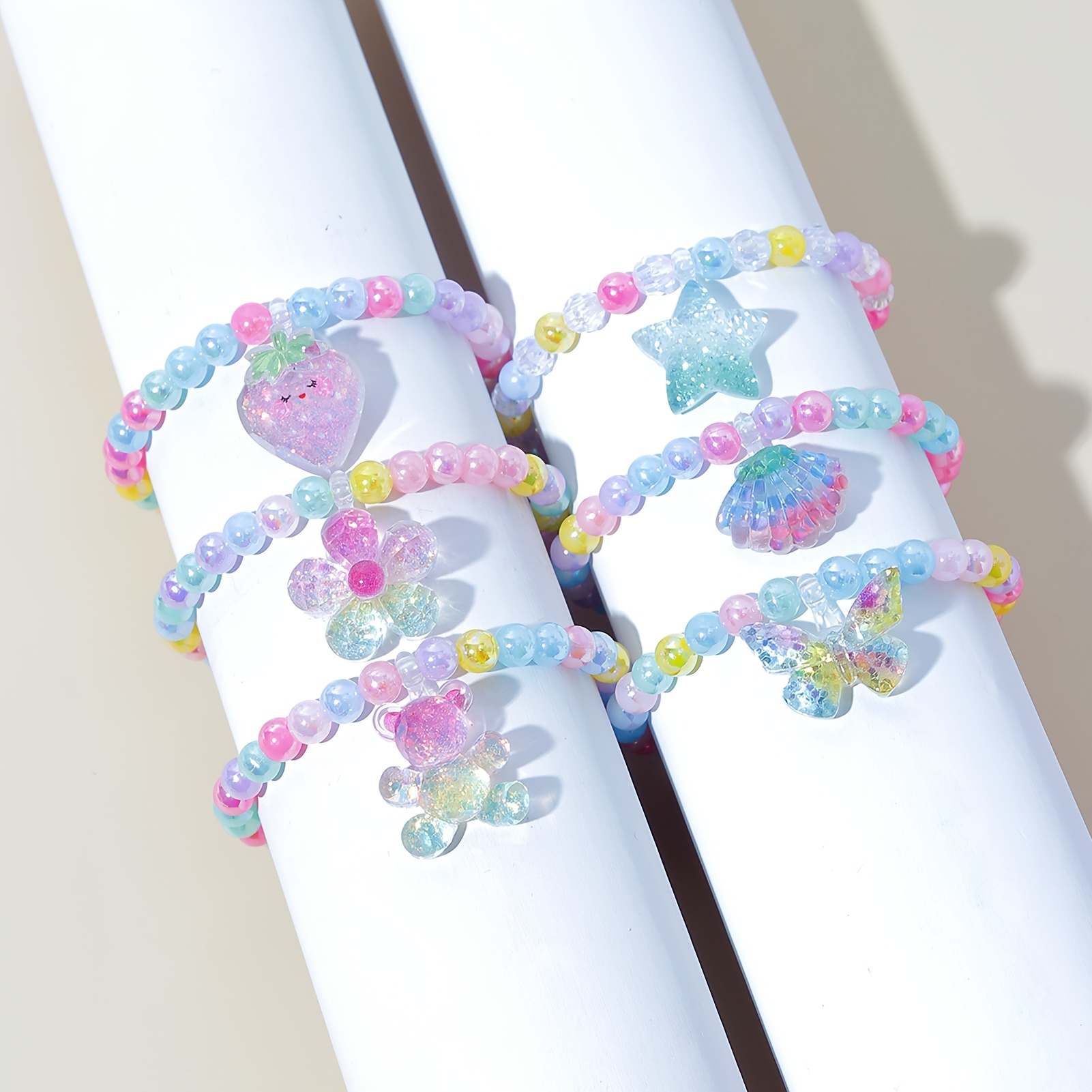 6pcs Multi-color Bead Bracelet Set with Cute Pendants for Girls